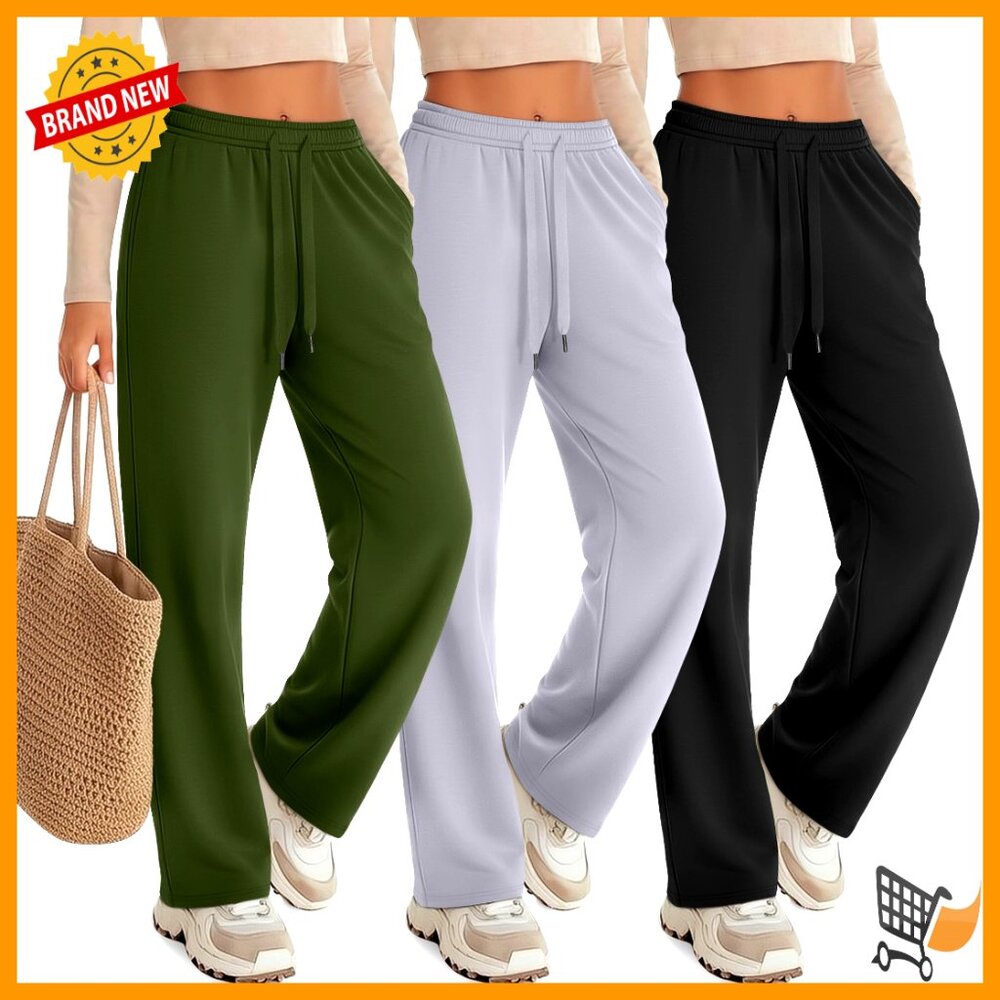 3 Pack High Waisted Wide Leg Lounge Pants With Pockets, Drawstring Yoga